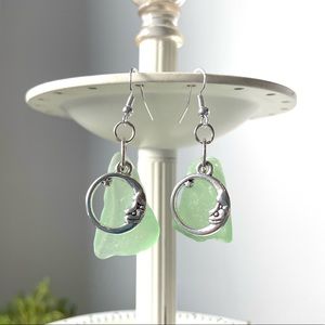 Raw Sea Glass and Moon Charm Earrings